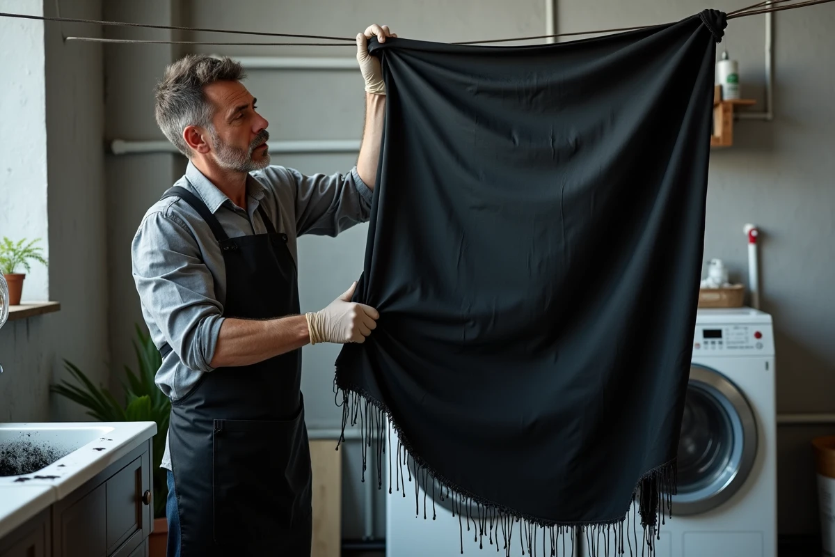 Homme inspectant un tissu polyester fraîchement teint en noir suspendu à une corde à linge dans une buanderie, résultat de teinture uniforme