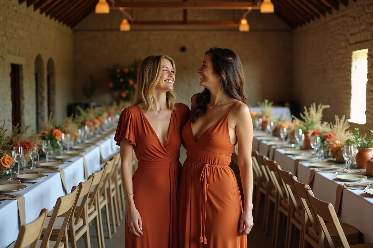 Deux invitées en robes longues terracotta dans une grange décorée pour un mariage champêtre