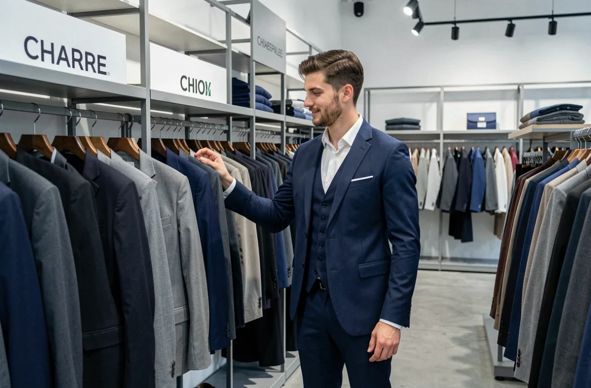 Jeune homme parcourant les modèles de costumes structurés dans une boutique IZAC, enseigne française accessible et bien implantée