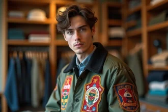 Jeune homme portant une jacket Souvenir authentique dans une boutique de streetwear vintage