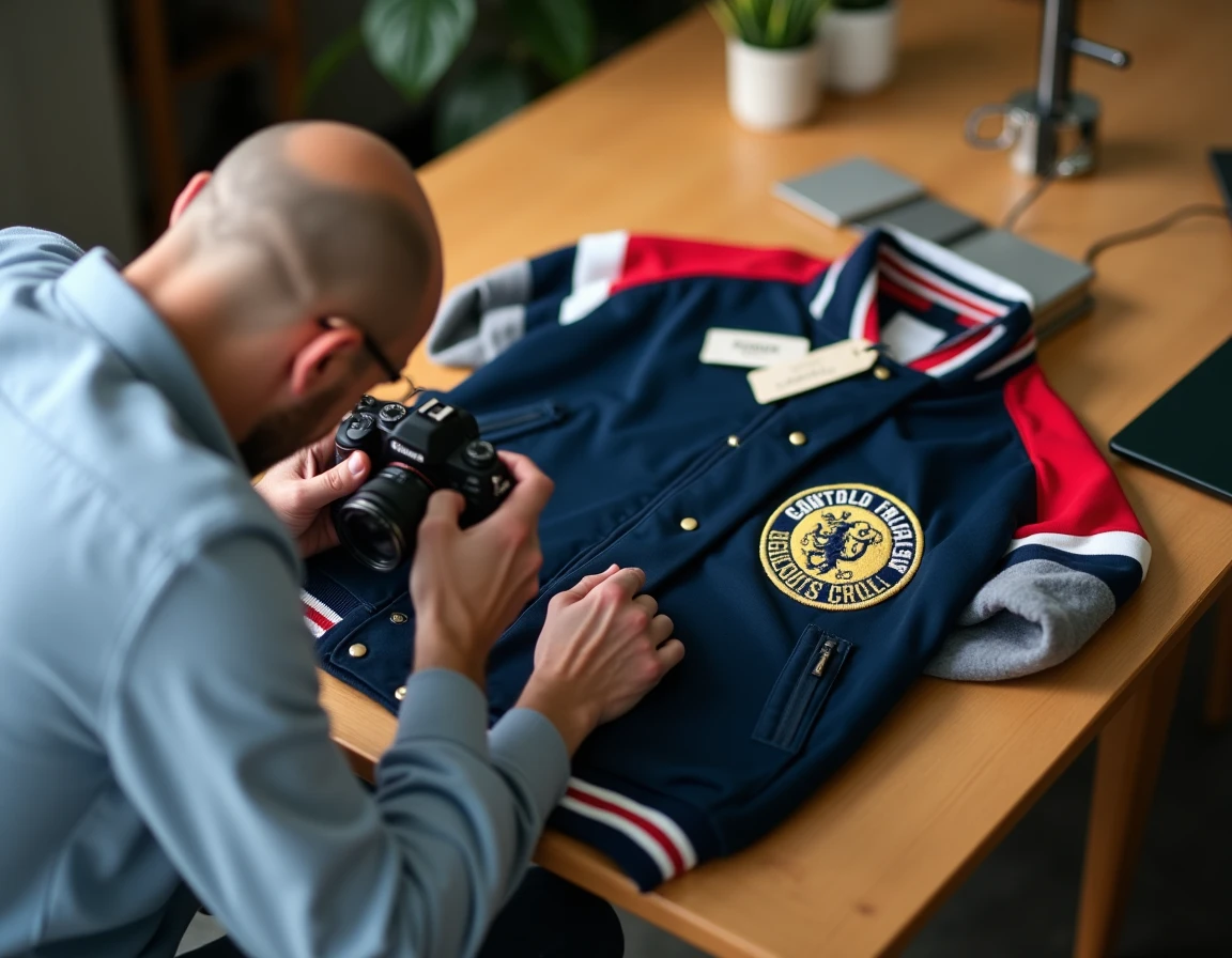 Jacket Souvenir authentique posée à plat sur un bureau en bois clair pour une annonce de revente en ligne