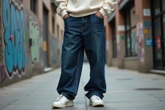 Jeune homme en jean baggy indigo et top crème dans une rue urbaine, tenue homme tendance 2026