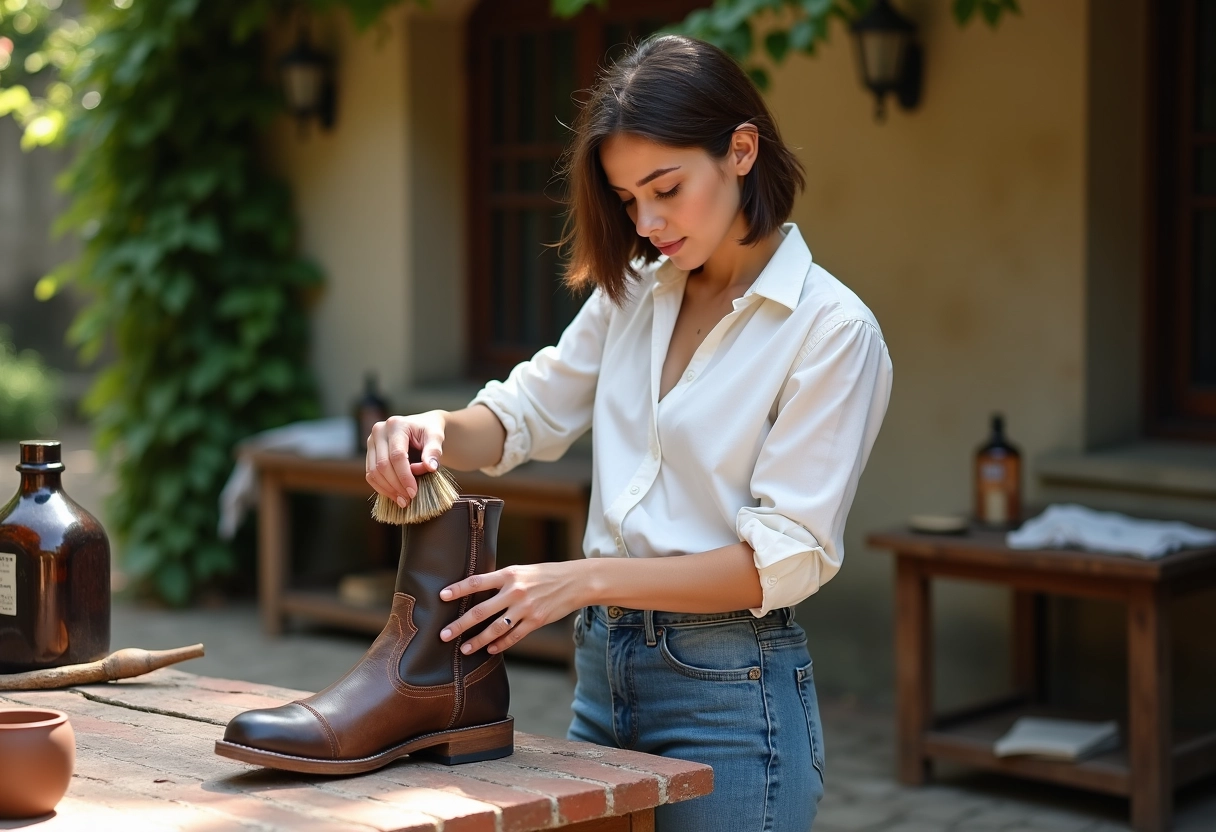 Jeune femme buffant une botte en cuir à l’extérieur