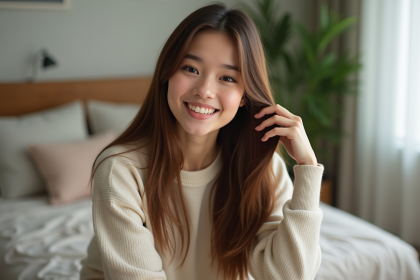 Jeune femme souriante aux cheveux longs et soyeux