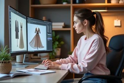 Jeune femme en bureau moderne regardant des modèles 3D de vetements