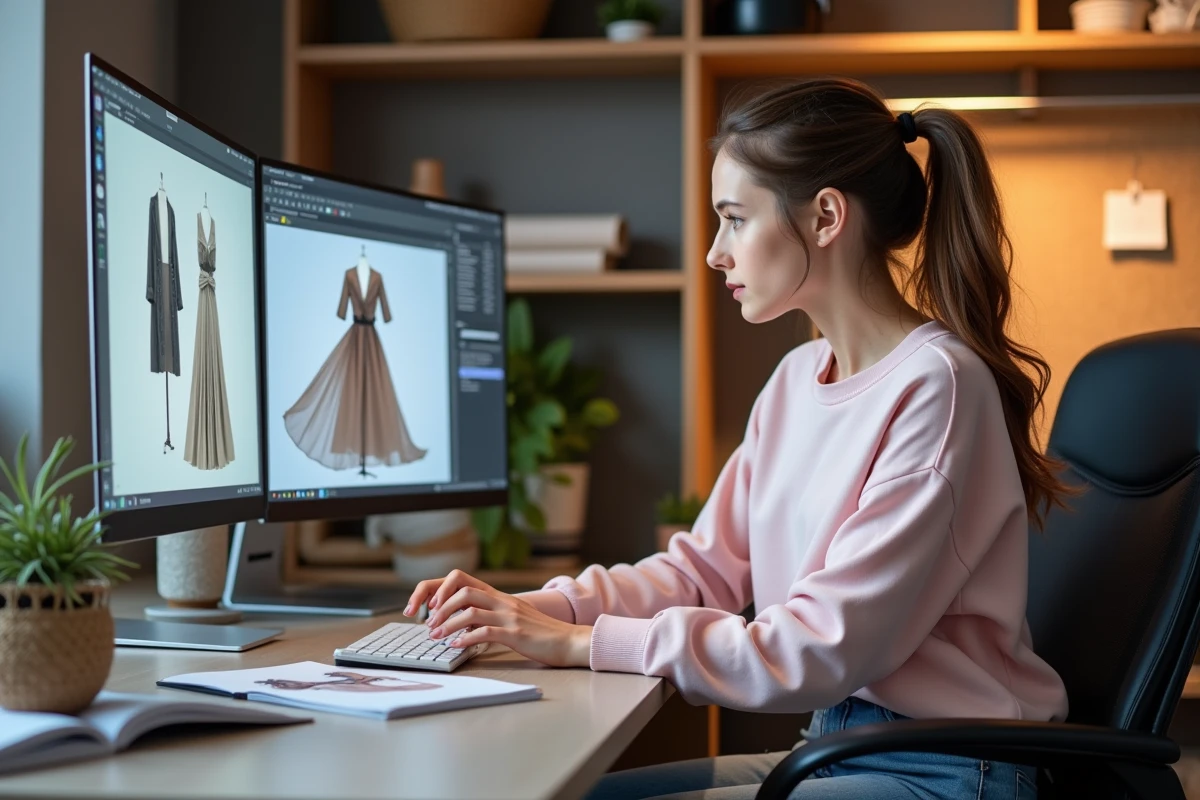 Jeune femme en bureau moderne regardant des modèles 3D de vetements