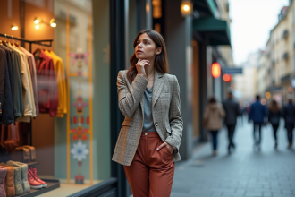 Jeune femme élégante en blazer tendance devant boutique urbaine