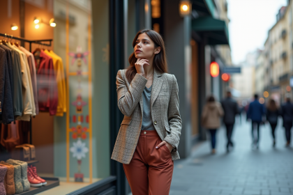 Jeune femme élégante en blazer tendance devant boutique urbaine
