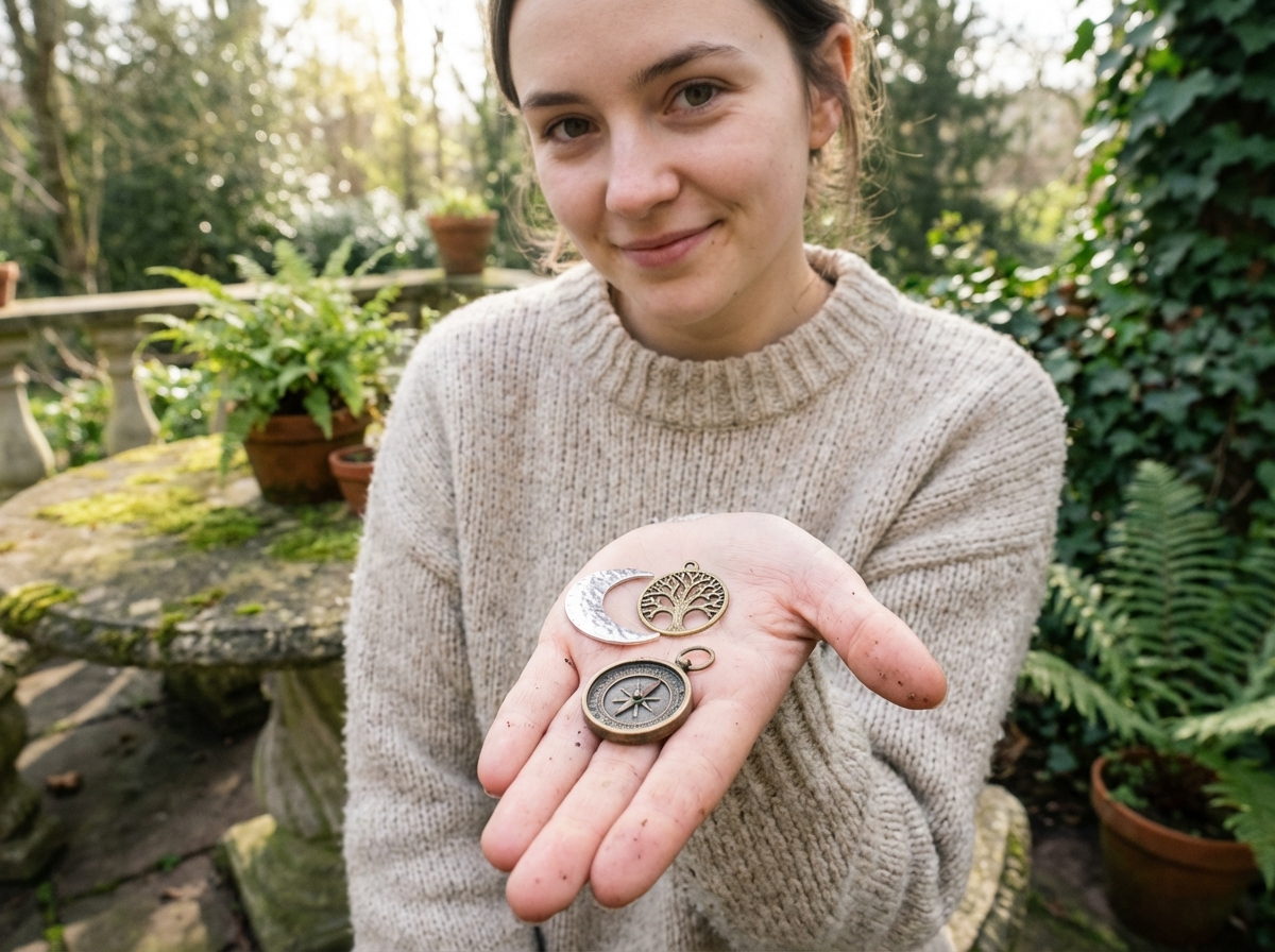 Jeune femme examine des pendentifs en plein air