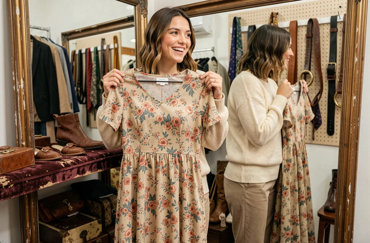 Jeune femme essayant une robe vintage florale des années 70 devant un miroir dans une friperie
