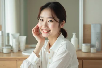 Jeune femme koreenne souriante avec produits skincare