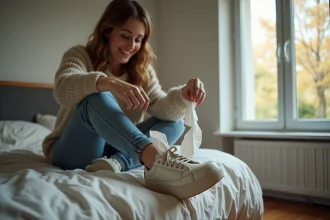 Jeune femme mettant des chaussettes dans ses sneakers
