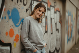 Jeune femme en sweat gris dans un décor urbain