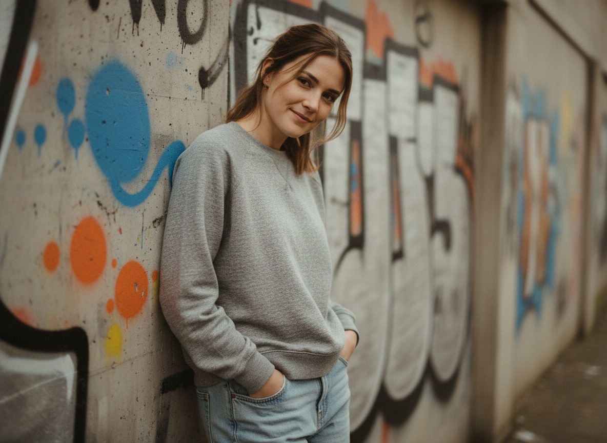 Jeune femme en sweat gris dans un décor urbain