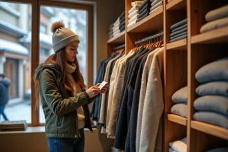 Jeune femme examine un pull dans une boutique à Pas de la Case