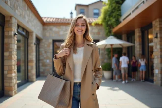 Jeune femme souriante avec sacs de luxe devant Village des Marques