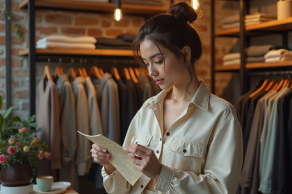 Jeune femme stylée dans une boutique vintage avec vêtements en bois