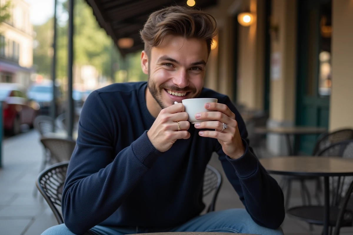 Jeune homme au café portant une bague en or blanc avec sourire naturel