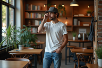 Jeune homme dans un café chaleureux et accueillant