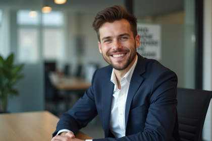 Jeune homme confiant en costume navy dans un bureau moderne