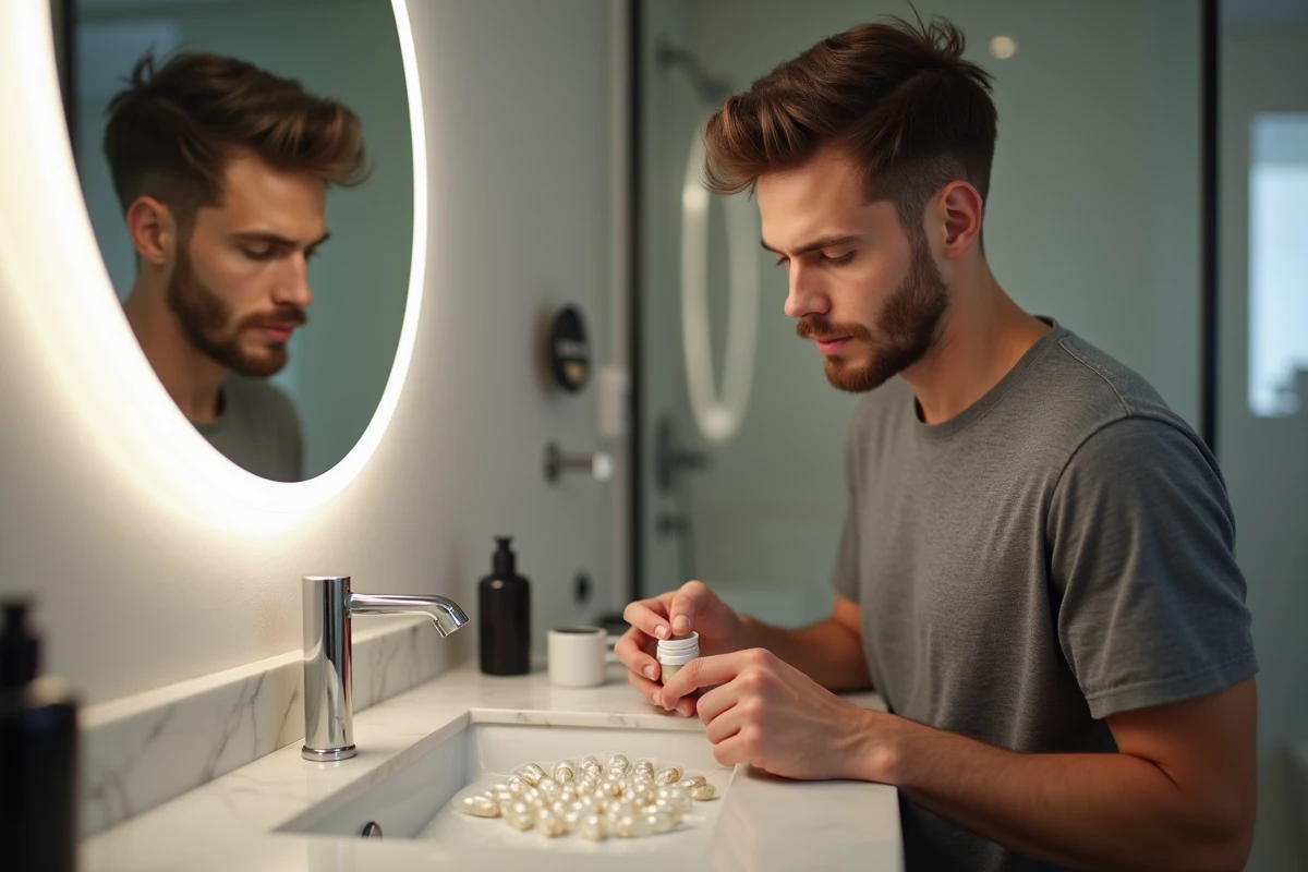 Jeune homme regardant des capsules d