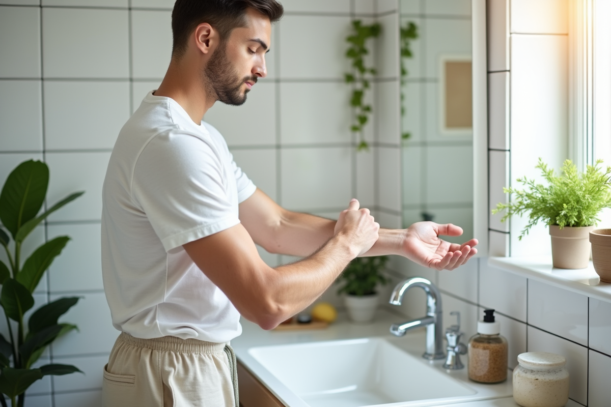 Jeune homme exfoliant son bras dans une salle de bain moderne