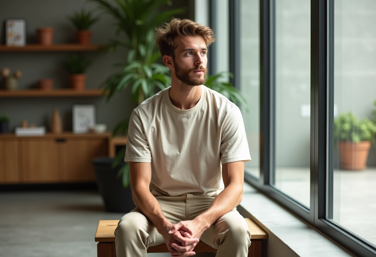 Jeune homme en coton et chanvre assis près d une fenêtre