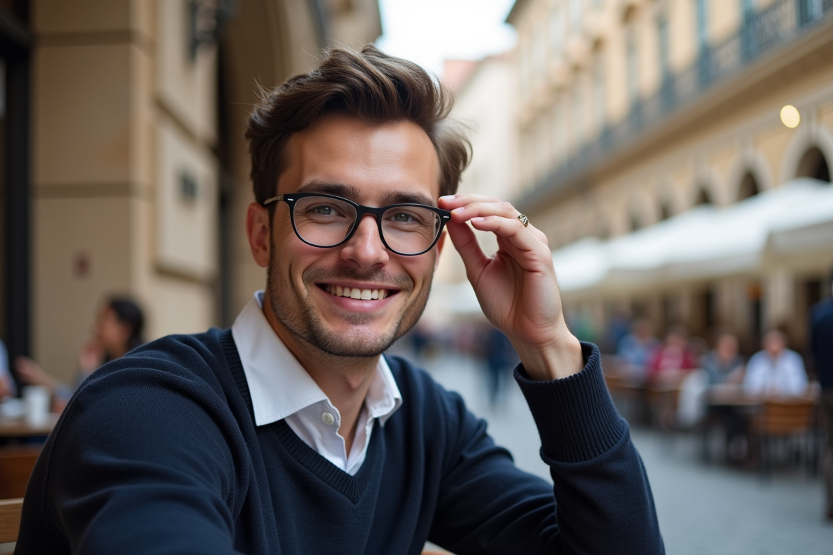Jeune homme souriant portant des lunettes rondes au café