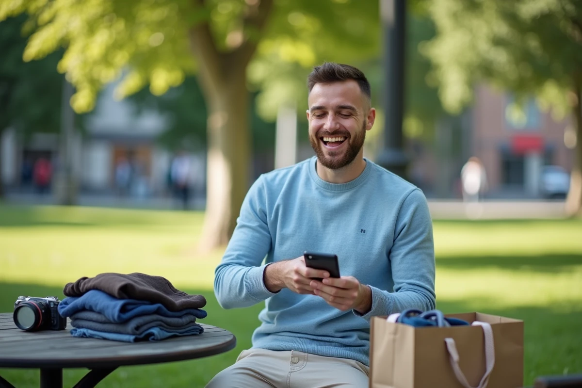 Jeune homme rit en déballant ses vêtements au parc