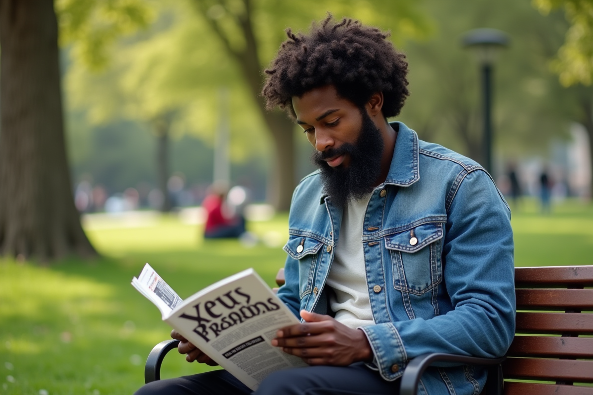 Jeune homme noir lisant un magazine dans un parc