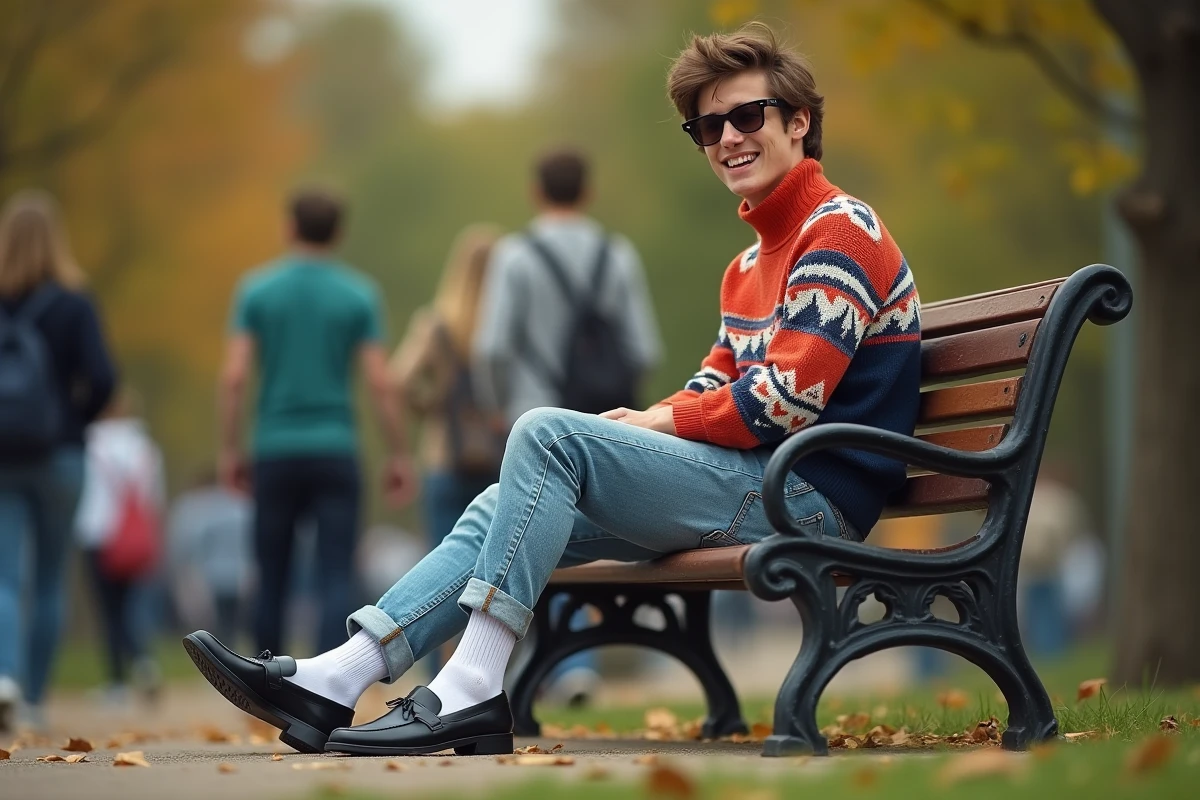 Jeune homme en style 80s maladroit dans un parc