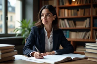 Journaliste française assise à un bureau parisien entouré de livres, tenant un stylo dans une posture intellectuelle et professionnelle