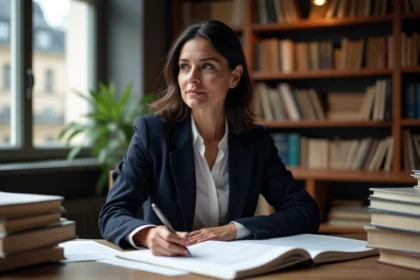 Journaliste française assise à un bureau parisien entouré de livres, tenant un stylo dans une posture intellectuelle et professionnelle