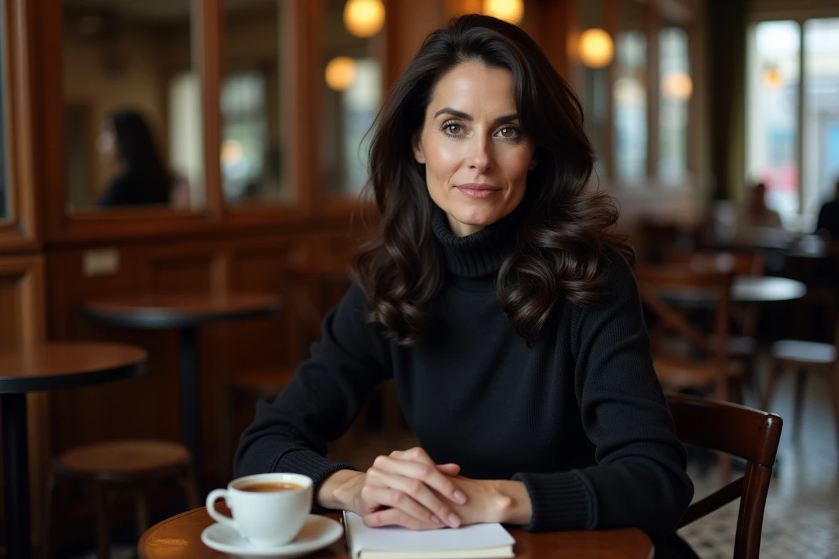 Journaliste intellectuelle française assise dans un café parisien avec un carnet et un café espresso, expression concentrée et pensive