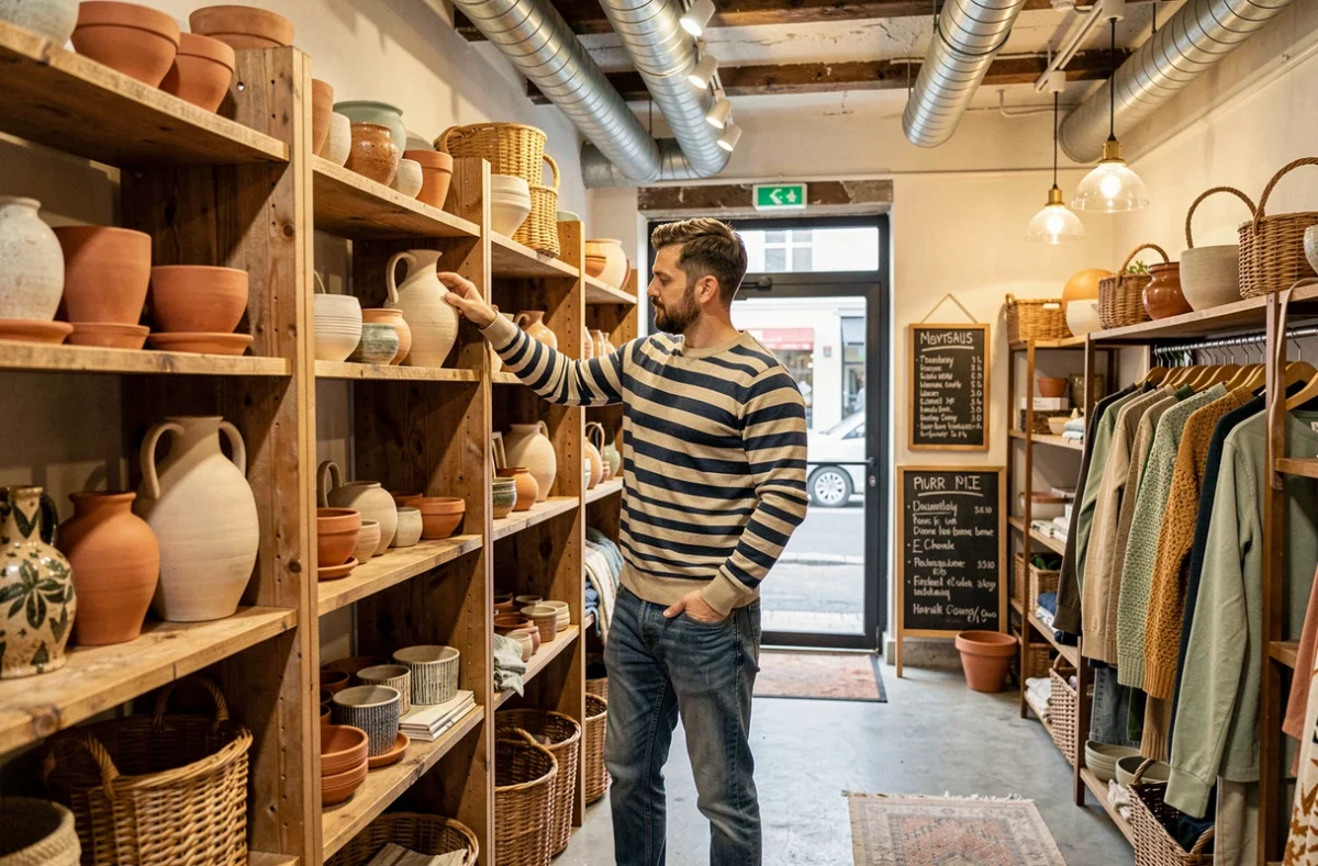 Intérieur de La Collecterie à Montreuil avec vêtements vintage et objets de décoration disposés sur des étagères en bois brut