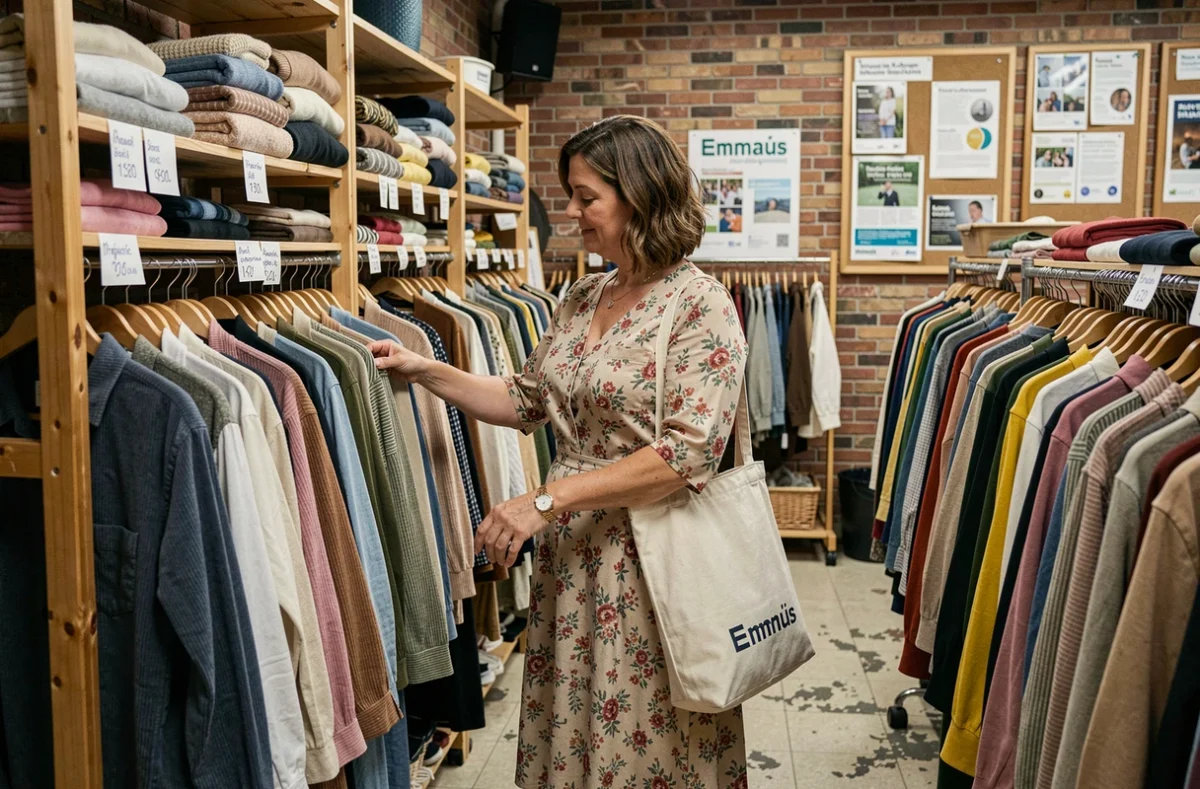Femme parcourant les portants de vêtements d'occasion à la friperie Emmaüs La Venelle de Montreuil