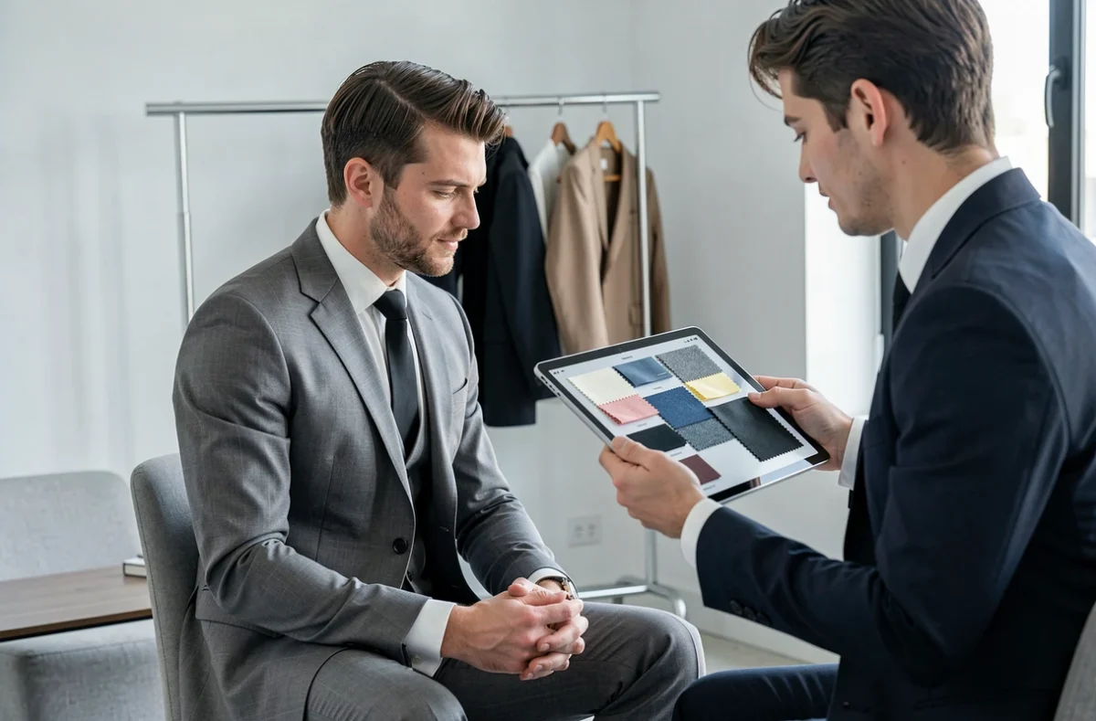 Client consultant une conseillère lors d'un essayage parisien pour un costume sur-mesure commandé en ligne via Lanieri