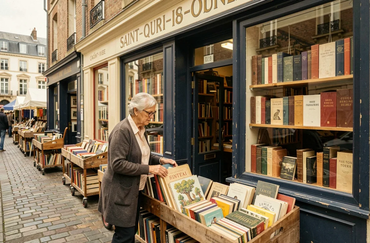 Libraire parcourant des livres anciens devant la Librairie de l'Avenue à Saint-Ouen près des Puces