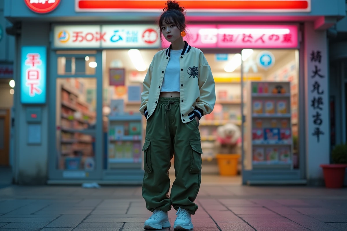 Jeune femme en veste varsity oversize avec boucle d'oreille Dragon Ball devant une épicerie japonaise au crépuscule