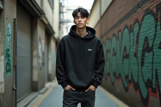 Jeune homme en tenue streetwear noire portant une boucle d'oreille inspirée Dragon Ball dans une ruelle urbaine avec street art