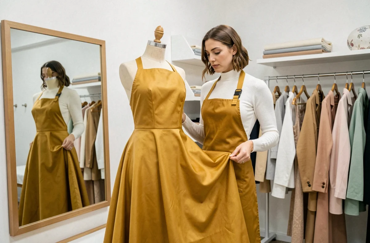 Couturière de M'Couture à Laval ajustant l'ourlet d'une robe de soirée sur un mannequin dans un atelier épuré