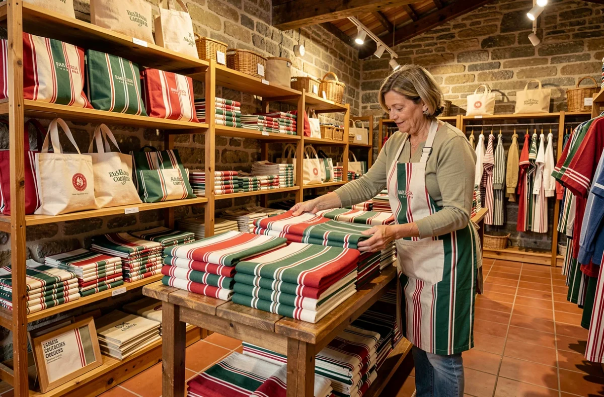 Magasin d'usine Artiga à Magescq avec linge basque traditionnel en rayures colorées