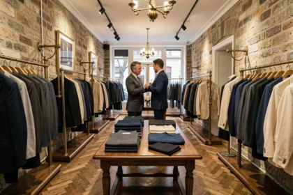 Intérieur d'une boutique parisienne spécialisée dans les costumes pour homme, avec des rangées de vestes taillées et des accessoires soigneusement disposés
