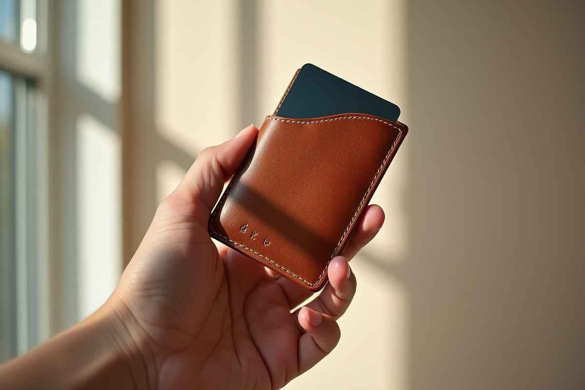 Main tenant un porte-cartes en cuir luxe sur fond clair naturel