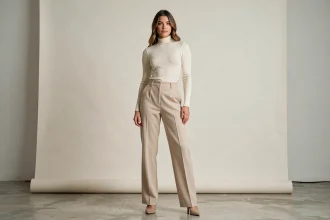 Mannequin femme en studio posant de pied entier pour un book professionnel d'agence, silhouette valorisée sur fond blanc