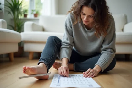Femme mesurant son pied avec une règle pour trouver la bonne taille de chaussure UK avant un achat en ligne