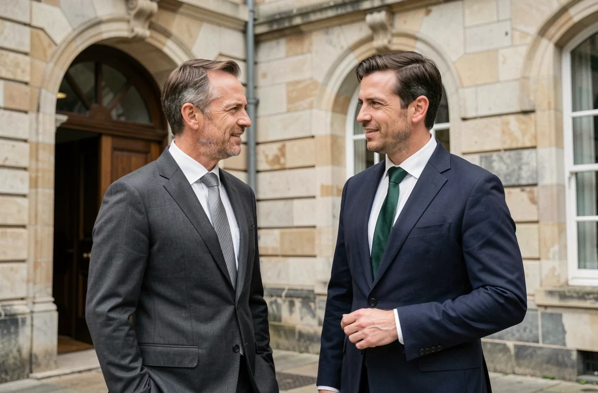 Deux hommes en costume avec des cravates Windsor devant un bâtiment en pierre européen