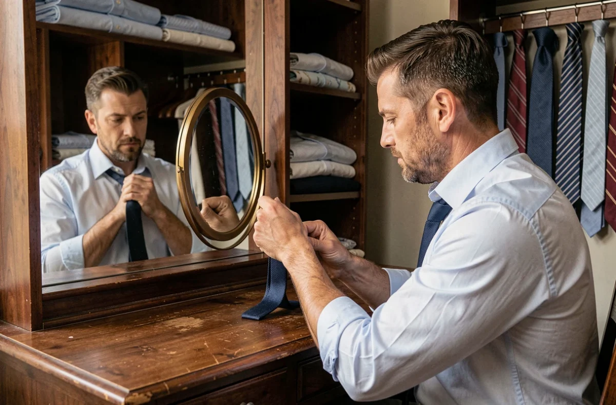 Homme qui noue une cravate Windsor bleu marine devant un miroir dans un dressing élégant