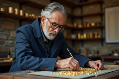 Orfèvre homme examinant une barre d'or dans son atelier