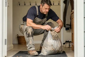 Ouvrier du bâtiment retirant ses vêtements de travail sales à l'entrée de son domicile